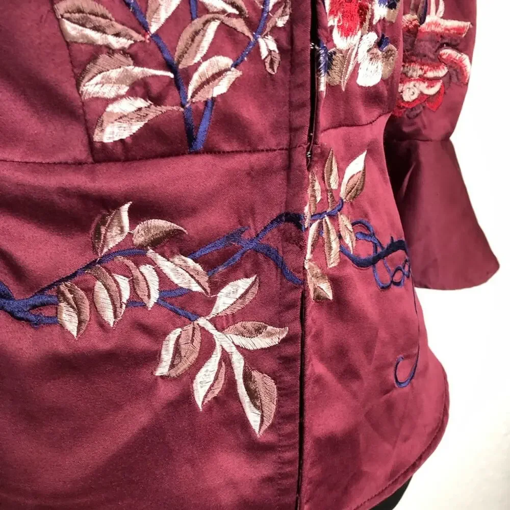 Free People maroon red embroidered floral collared hook front top size Small